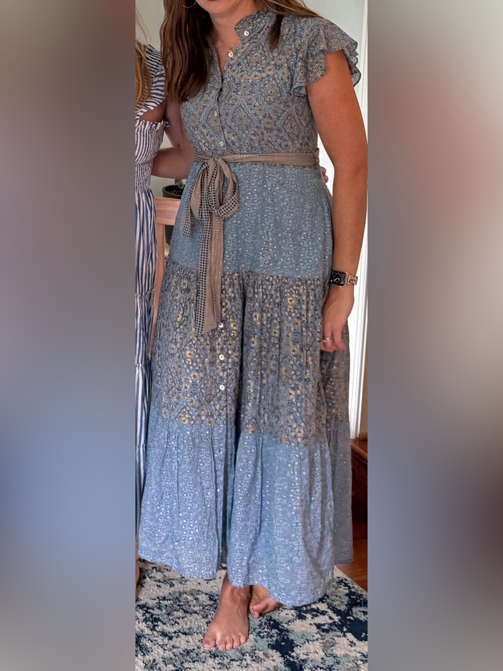 Oliphant Light Blue Printed Button-Front Maxi Dress with Waist Tie - Picture 5 of 5